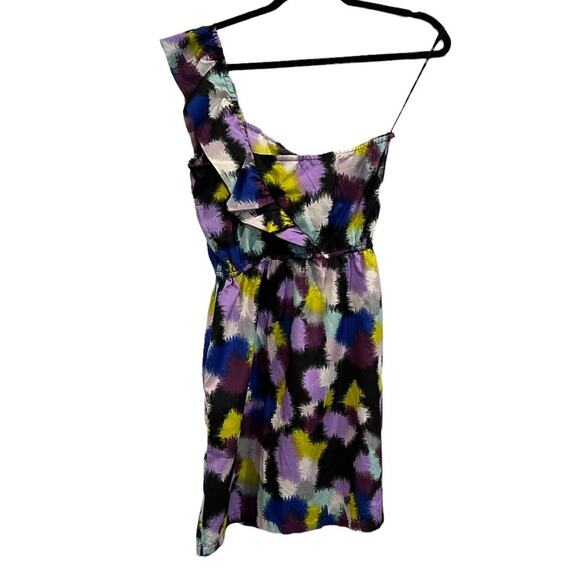 Roxy One Shoulder Ruffle Mini Dress Abstract Print Purple Yellow Women’s XS - Picture 3 of 8